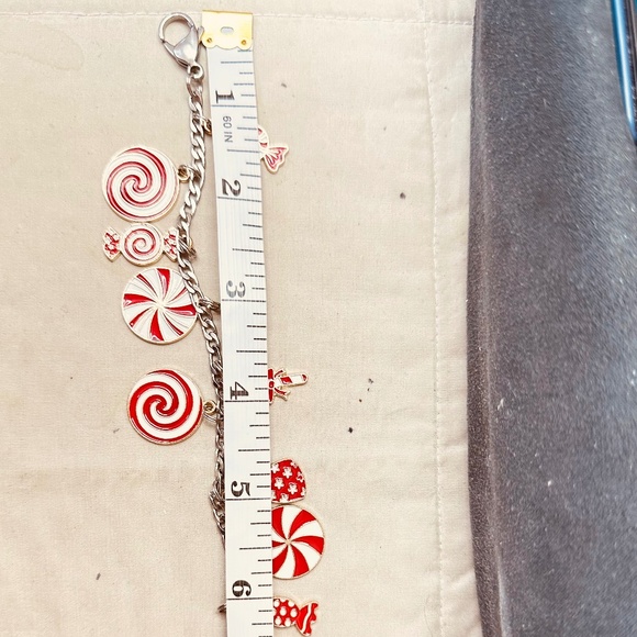 Handcrafted Candy Cane Peppermint Charm Bracelet Holiday Enamel Red White Gold - Picture 6 of 8